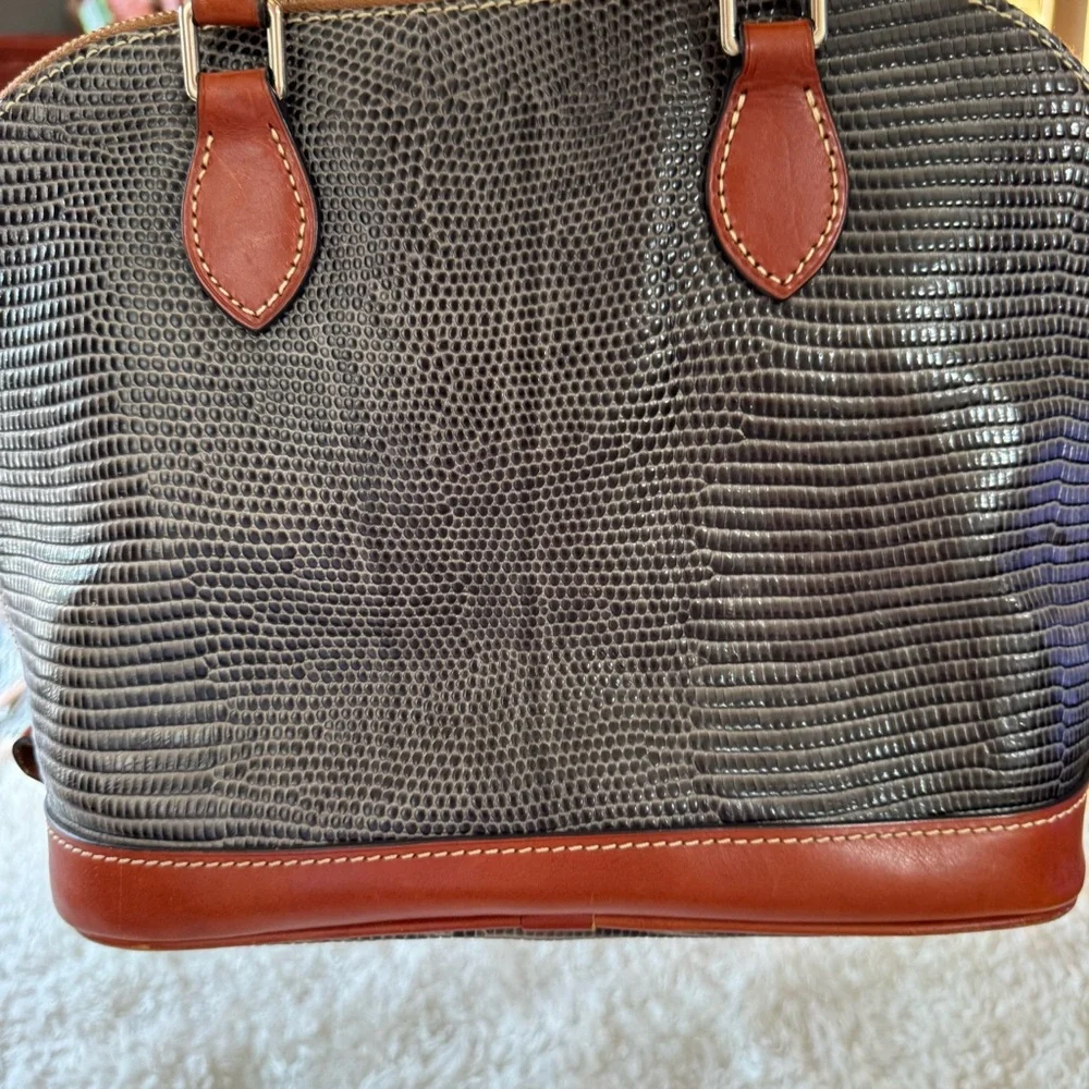 Dooney & Bourke Lizard Embossed Leather Domed Satchel | Brown Leather W/Strap - Picture 2 of 16